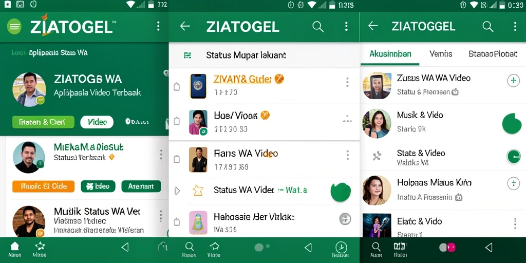 Tampilan antarmuka ZIATOGEL dengan fitur Status WA Video.