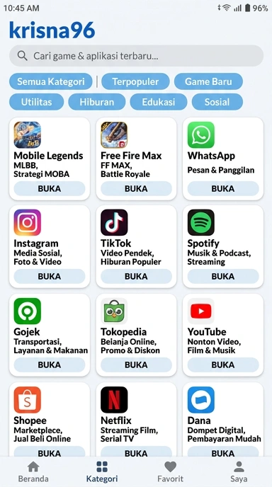 Aplikasi Populer & Kanal Uji — Krisna96